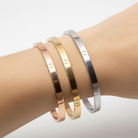 Set of 3 Metal Bangle Bracelets Trio Stackable Gold Silver Rose Gold Copper Tone - Picture 1 of 9